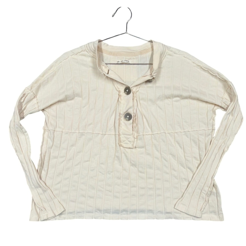 We The Free Henley Top Womens XS Ivory Ribbed Long Sleeve Raw Seam Boho Casual